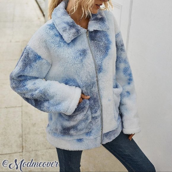Mod Me Over Jackets & Blazers - Blue Tie-Dye Teddy Jacket Zip Up W/ Pockes NEW